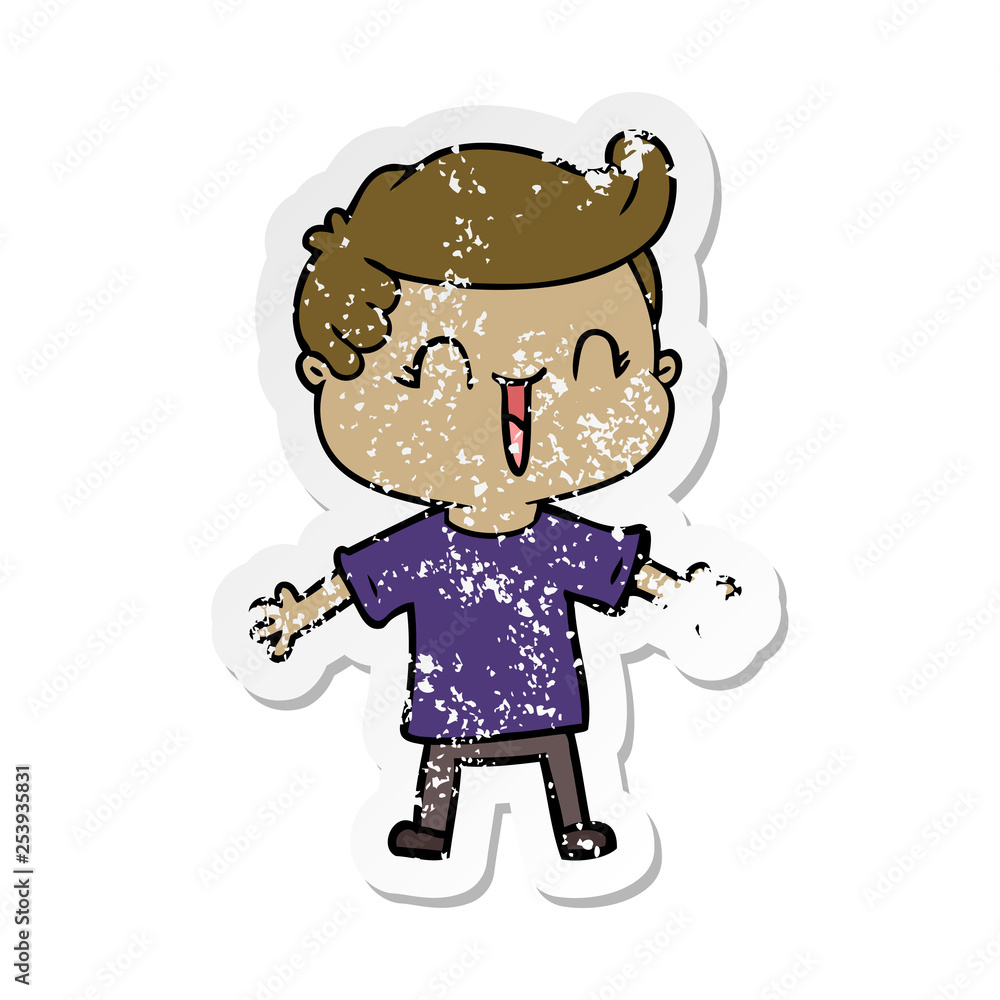 distressed sticker of a cartoon laughing boy distressed sticker of a cartoon laughing boy
