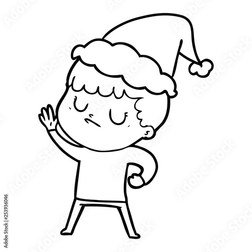 line drawing of a grumpy boy wearing santa hat