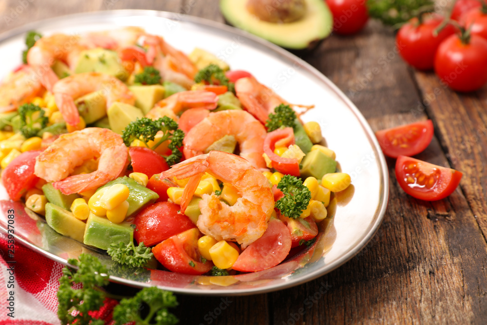 mixed vegetable salad with corn,tomato, avocado and shrimp