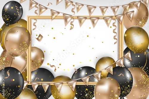 Glossy black and gold air balloons on the white background and space for text. Greeting card vector illustrations. Party design decorations, confetti, sparkles, serpentine, flag garlands, lights.