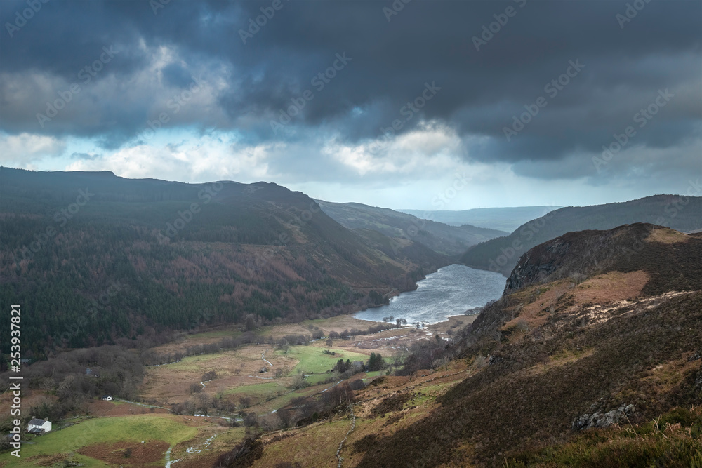 Landscape image of view from peak of Crimpiau towards Llyn Crafnant in Snowdonia