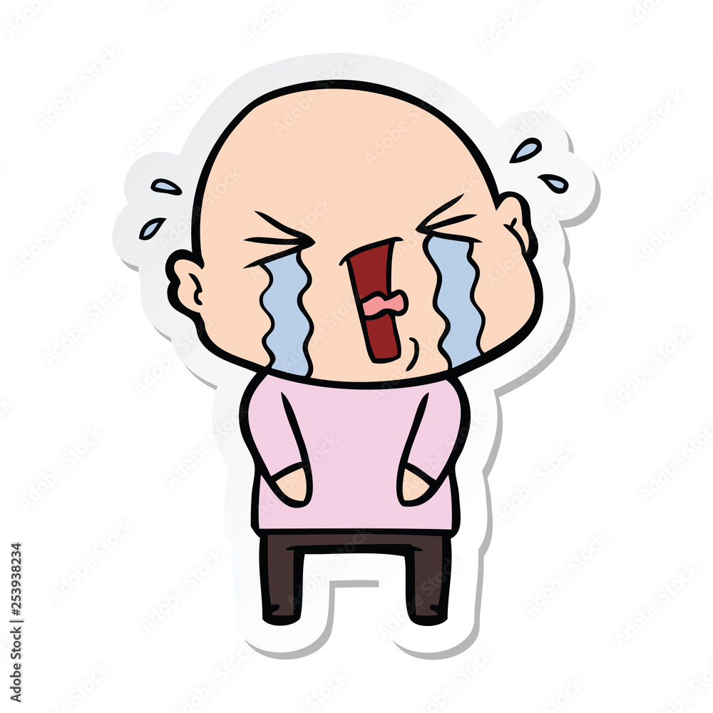 sticker of a cartoon crying bald man