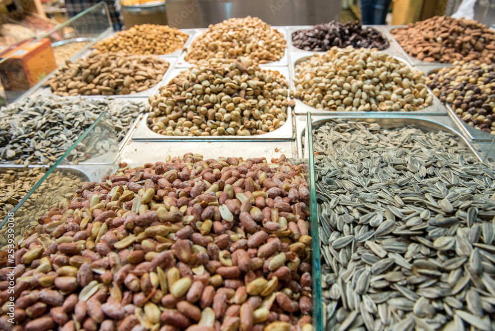 Dried nuts and seeds in the bazaar