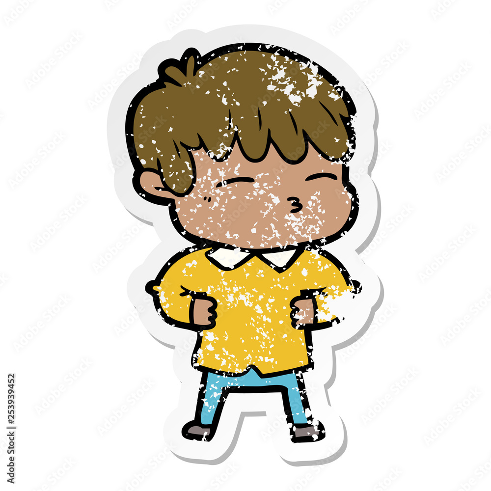 distressed sticker of a cartoon curious boy distressed sticker of a cartoon curious boy
