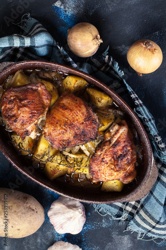 Roasted chicken thighs and potatoes