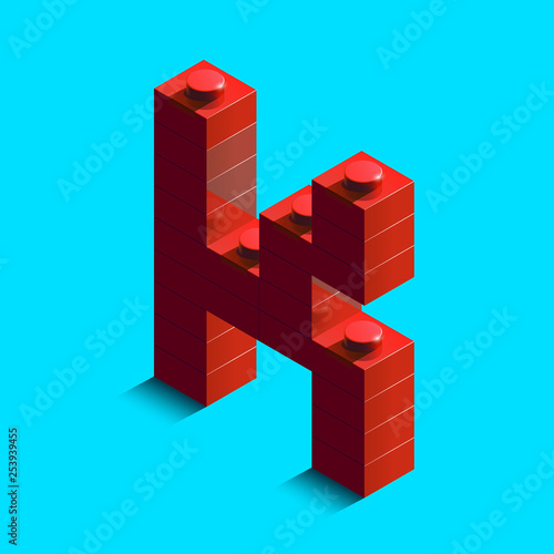 Realistic red 3d isometric letter K of the alphabet from constructor bricks. Red 3d isometric plastic letter from the building blocks. 3d letters