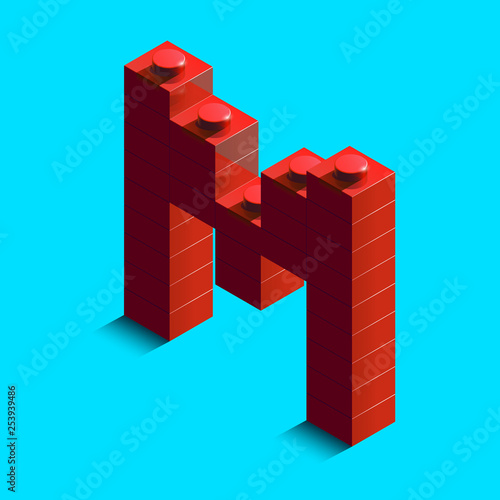 Realistic red 3d isometric letter M of the alphabet from constructor bricks. Red 3d isometric plastic letter from the  building blocks. 3d letters