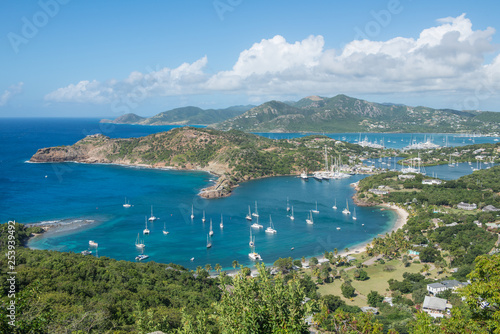 Landscape view of English harbour in the Caribbean Island of Antigua. Image taken from Shirley Heights