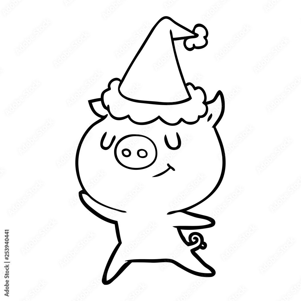 happy line drawing of a pig wearing santa hat happy line drawing of a pig wearing santa hat