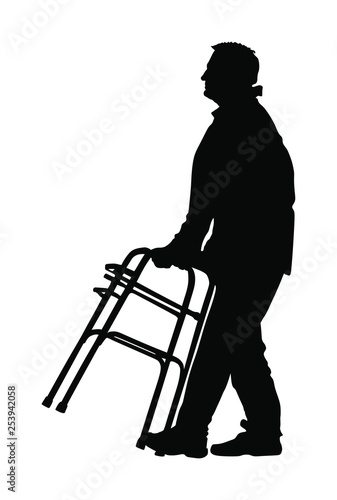 Disabled man strolls with walker vector silhouette isolated on white background. Injured person walking with help assist tool. Health care activity after hospital treatment. traffic accident victim.