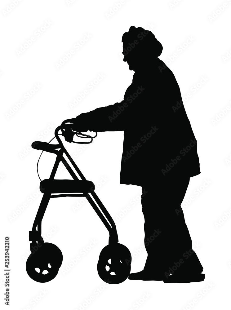 Old disabled woman using a walker silhouette vector. Mature invalid lady vector isolated on white background. Grandmother in nursing home. Senior woman active life with medical support. Active life. Old disabled woman using a walker silhouette vector. Mature invalid lady vector isolated on white background. Grandmother in nursing home. Senior woman active life with medical support. Active life.