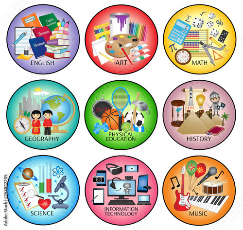 Education web icons - School subject areas - English, Art, Math, Geography, Physical Education, History, Science, Information Technology and Music