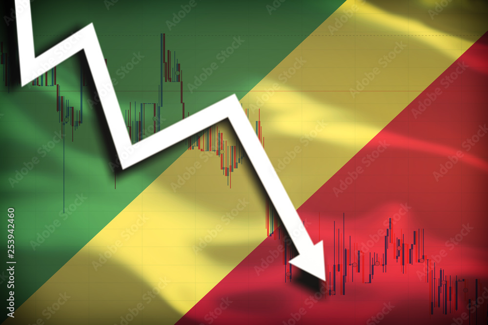 Fototapeta premium White arrow and stocks chart fall down on the background of the waving flag of Republic of The Congo.