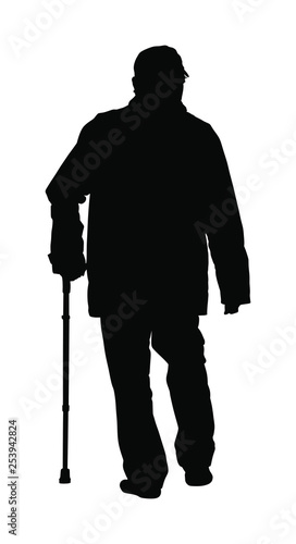 Old man person with stick silhouette. Happy elderly senior walking alone vector isolated on white. Mature people active life. Grandfather outdoor in park. Health care in nursing home. Lonely and sad.