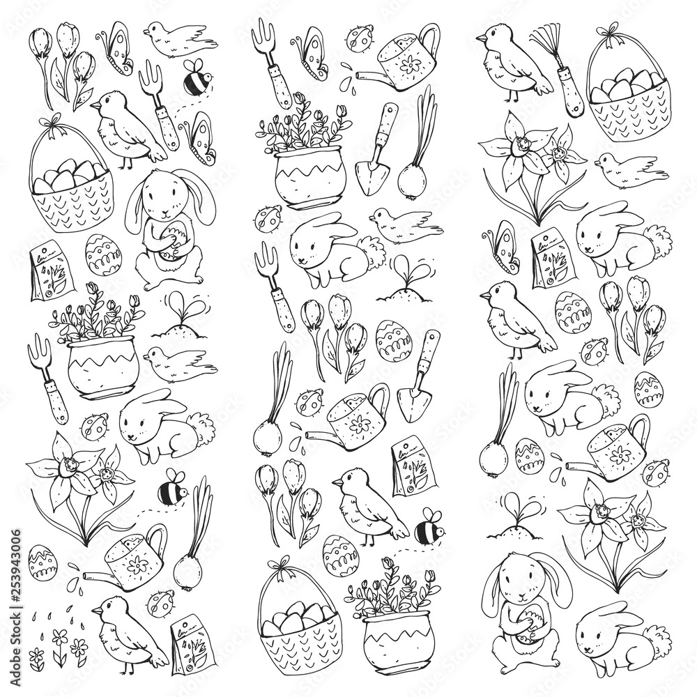 Easter vector illustration. Spring design for patterns. Holiday decoration for greeting cards. Rabbit, bunny character, eggs, flowers, seasonal elements.