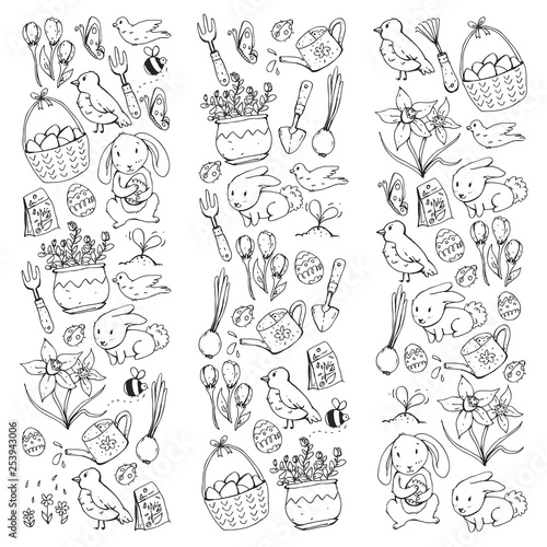 Easter vector illustration. Spring design for patterns. Holiday decoration for greeting cards. Rabbit, bunny character, eggs, flowers, seasonal elements.