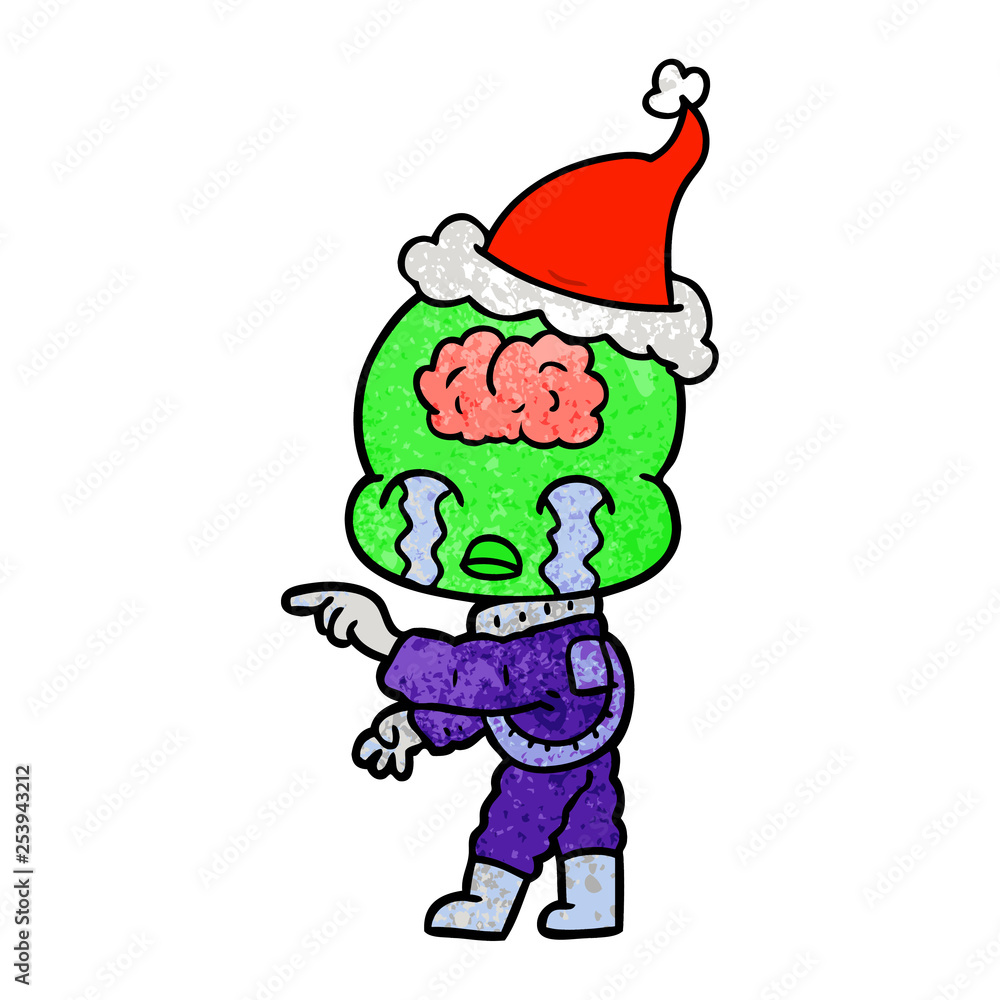 textured cartoon of a big brain alien crying and pointing wearing santa hat textured cartoon of a big brain alien crying and pointing wearing santa hat