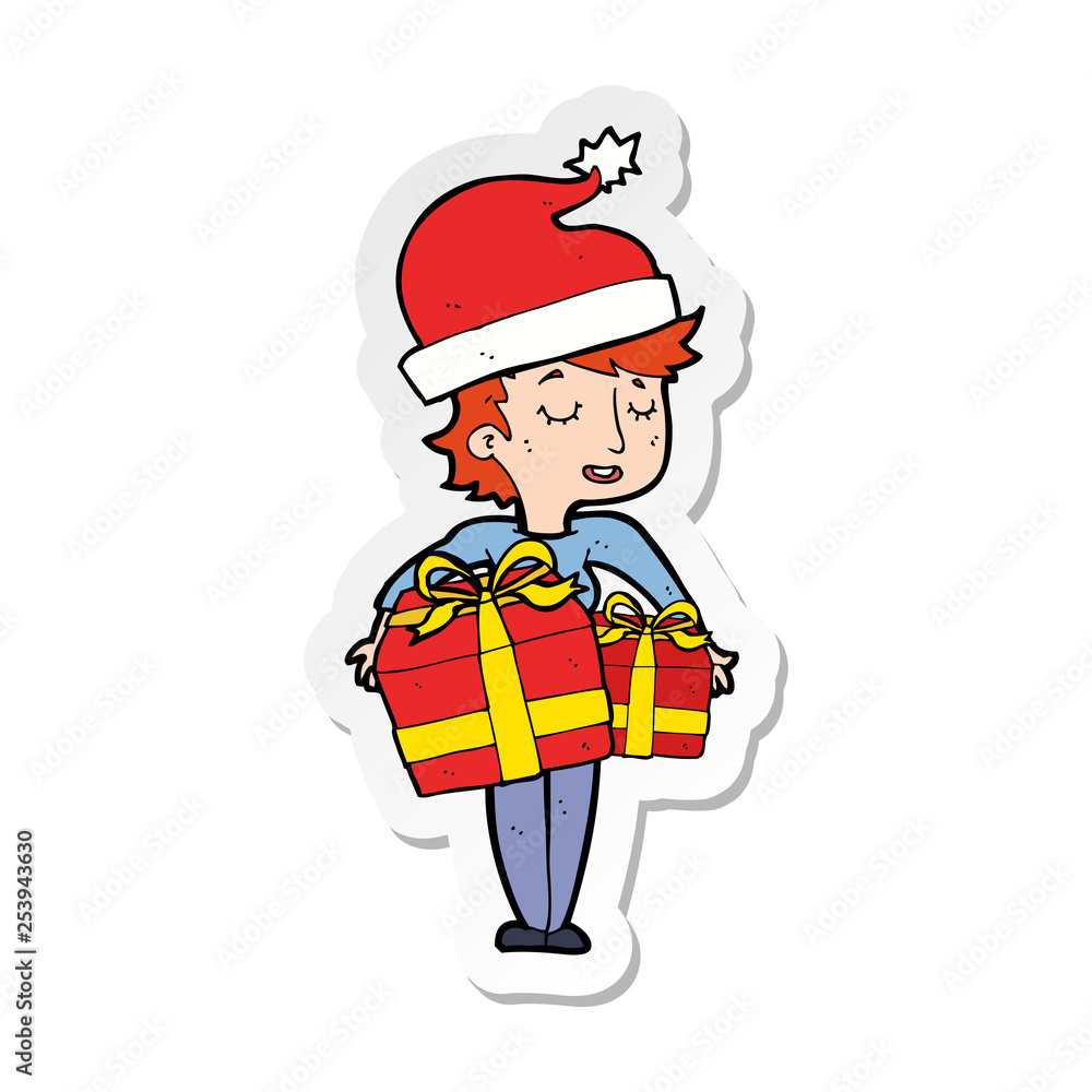 sticker of a cartoon woman with gifts