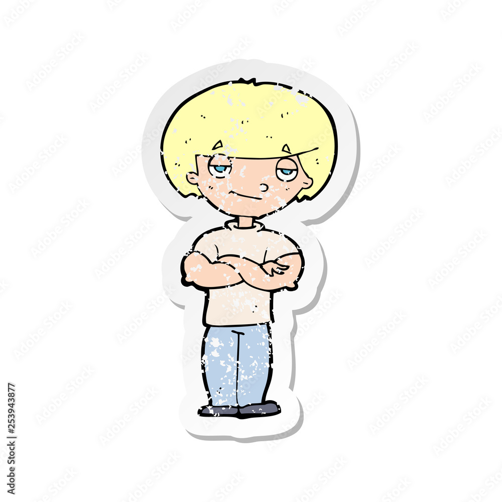 retro distressed sticker of a cartoon smug looking man retro distressed sticker of a cartoon smug looking man