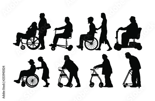 Mature woman pushing strolling with disabled man patient in wheelchair vector silhouette. Patient in wheelchair isolated on white. Nurse support injured man. Hospital paramedic Social worker activity.