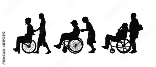 Mature woman pushing strolling with disabled man patient in wheelchair vector silhouette. Patient in wheelchair isolated on white. Nurse support injured man. Hospital paramedic Social worker activity.
