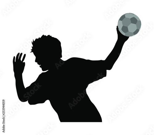 Handball player in action, attack shut in jumping vector silhouette illustration. Elegant body sport figure, boy black shadow. Dynamic athlete jump and shooting penalty in goal. Sport man handball.