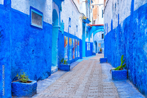 Amazing view of the street in the blue city of Chefchaouen, Morocco, small town in northwest Morocco known for its blue buildings.  © dsaprin
