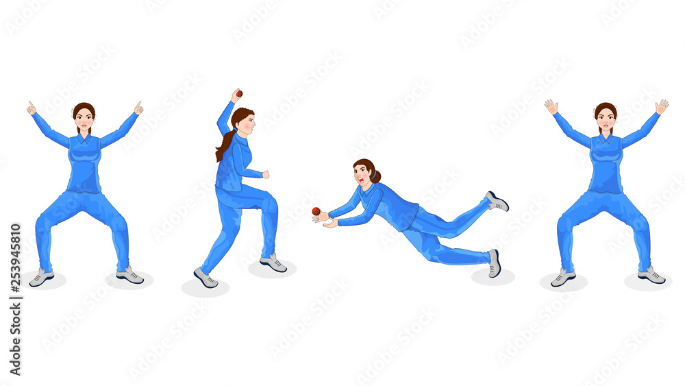 Female cricket player in different playing pose.