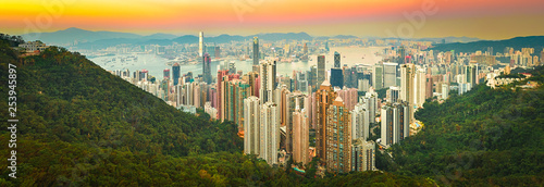 Hong Kong skyline at sunset. Panorama