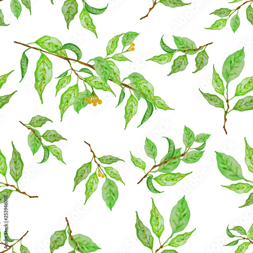 Colorful seamless pattern. Fresh spring leaves. Botanical background, laurel, ficus, tea. Design element for cover, invitation, booklet, printing.