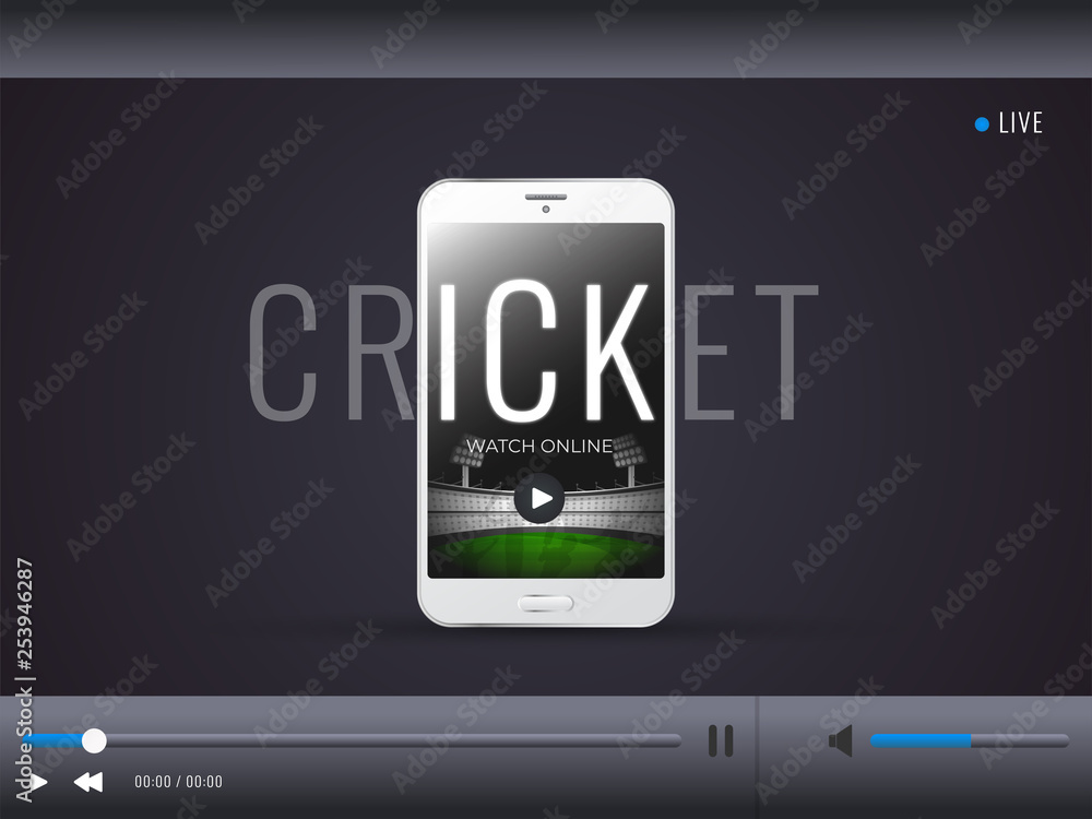 Live streaming video play screen with illustration of smartphone and text cricket for Cricket Championship event concept.