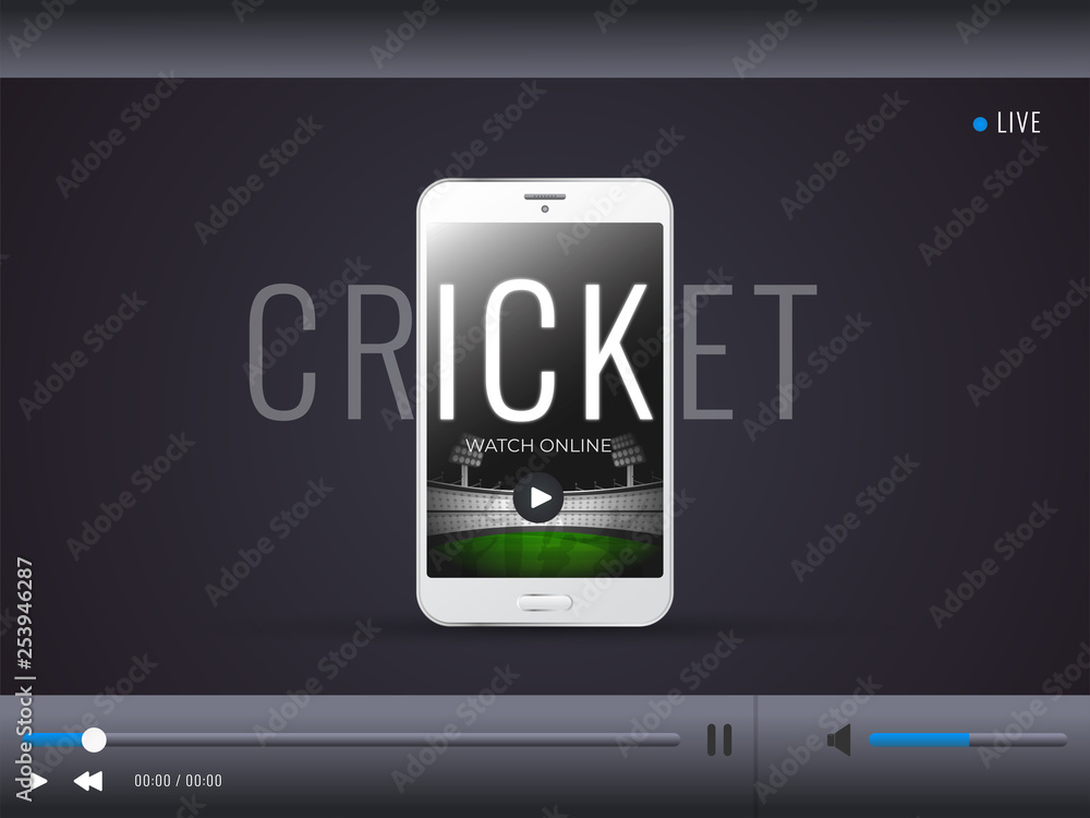 Live streaming video play screen with illustration of smartphone and text cricket for Cricket Championship event concept. Live streaming video play screen with illustration of smartphone and text cricket for Cricket Championship event concept.