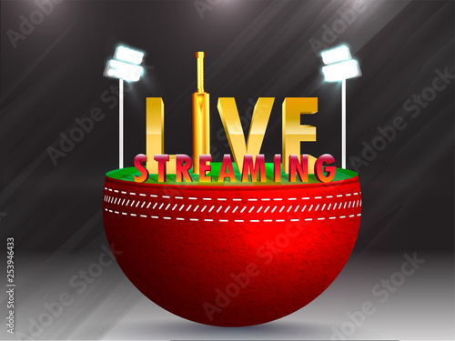 Creative live streaming emblem with 3d text and night stadium illustration for Cricket tournament concept.