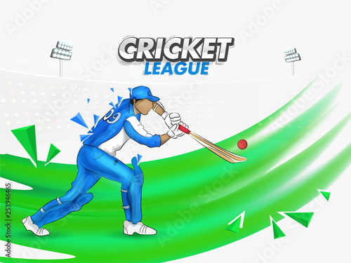 Cricket League banner or poster design with illustration of batsman in playing pose on wavy abstract background.