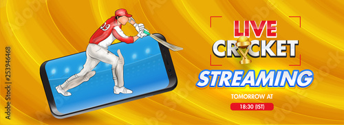Live Streaming Cricket header or banner design with illustration of batsman playing action yellow wavy abstract background.