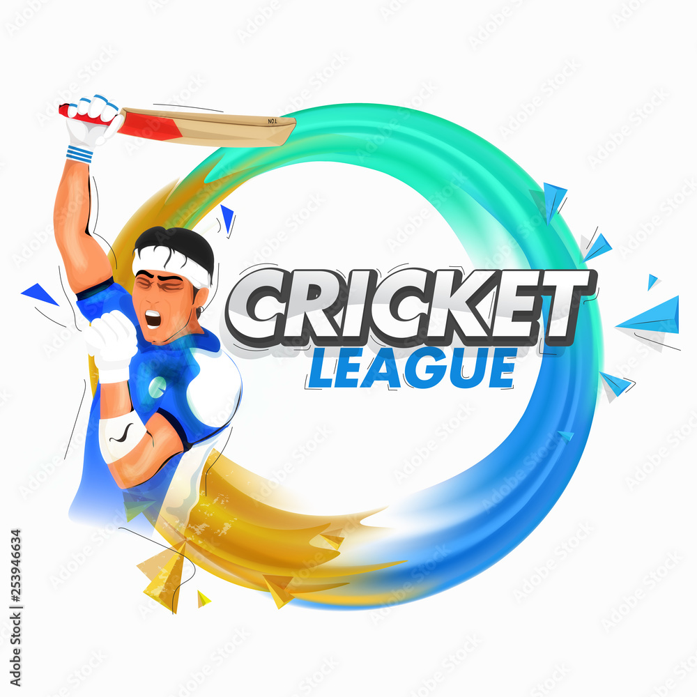 Cricket League poster or banner design with illustration of batsman in winning pose on abstract background.