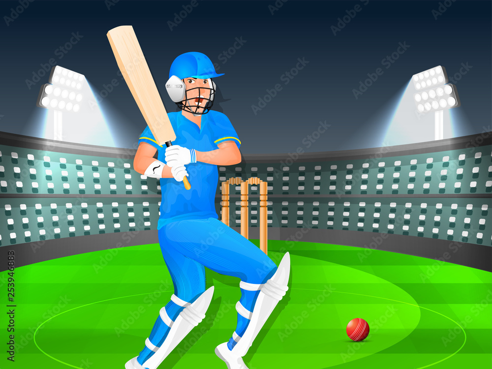 Vector illustration of cricket batsman on night stadium view background for  Cricket tournament concept. Stock Vector | Adobe Stock