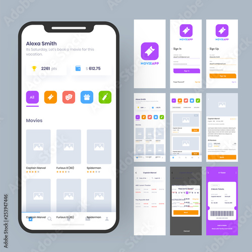 Online Movie App UI Kit for responsive mobile app or website with different GUI layout including Login, Create Account, Showcase information, Movies play, Transaction and Favourites Screens.