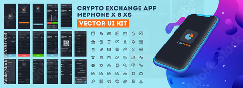 Crypto Exchange App Mephone XE or XS Vectore UI kit with different GUI layout including Login, Create Account, Profile, Transaction and trending screens.