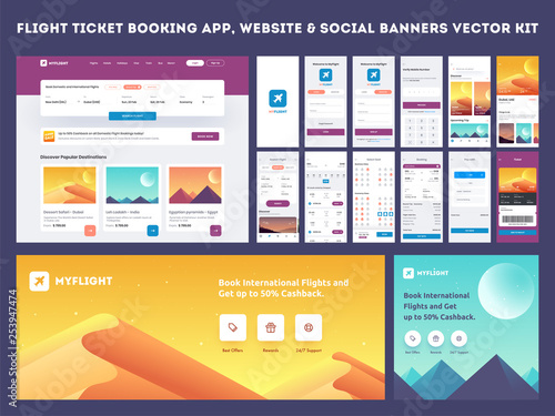 Online Flight Booking App onboarding website banner or template kit, Travel, Insurance, Air ticket; Holiday planning, Book your air flight and Flight No.