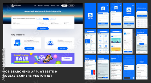 App Ui Kit for responsive banner or website template with different application layout including sign up, Job interview, Working experience, User recruitment, getting work steps graphic instructions.