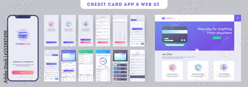 Online Payment or Credit cards app ui kit for responsive mobile app with website menu like as, credit cards uploading, saving, checking accounts and transaction confirmation. photo