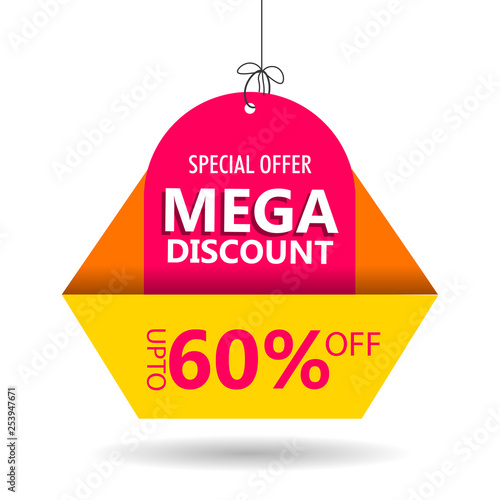Advertising sale tag or label with 60% discount offer on white background.