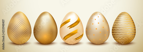 Set of glossy golden eggs in different print designs. Header or banner design.