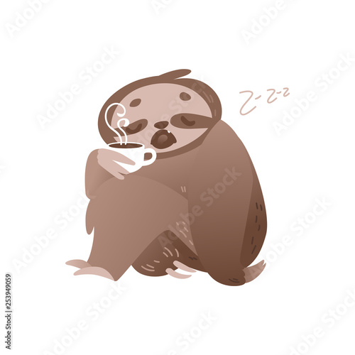 Cute sleepy sloth with cup of hot coffee for waking up in morning or monday concept.