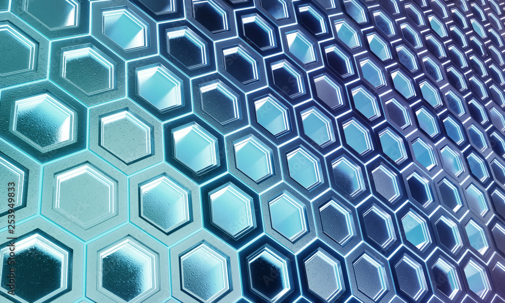 Fototapeta premium Glowing black and blue hexagons background pattern on silver metal surface 3D rendering