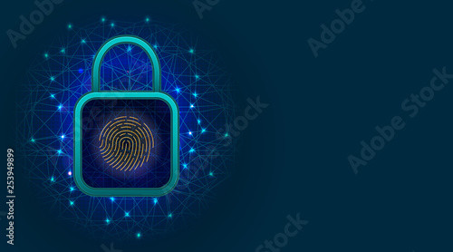 Network cyber security technology with padlock on abstract background. Digital data or privacy protection concept with fingerprint scan icon. Vector illustration