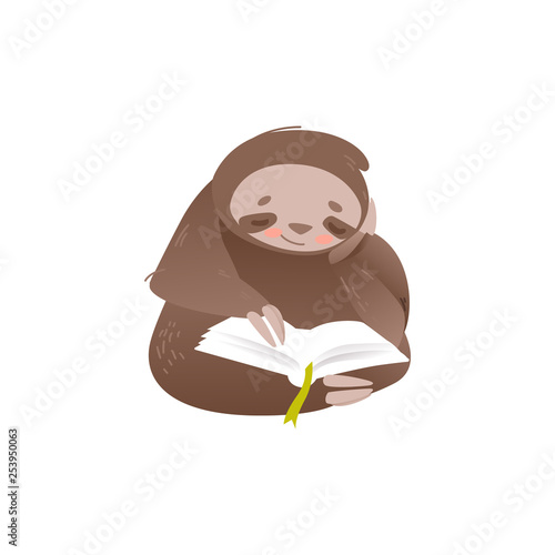 Cute sloth sitting and reading book with interest.