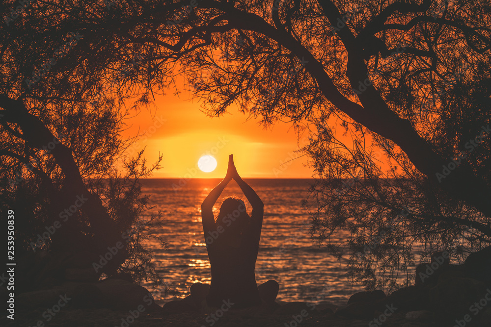 Silhouette image of a young woman making yoga lotus pose on a beautiful summer evening Back view of Girl with hands clasped sunset in background and and branches that frame Enjoyable romance feelings