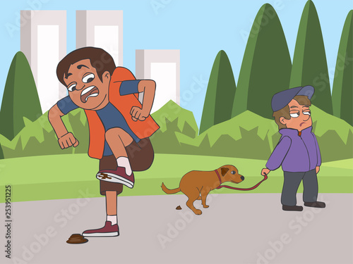 cartoon boy stepped into a dog poo